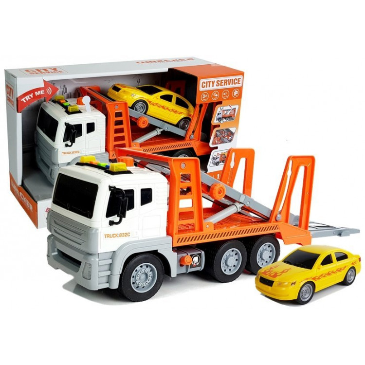 Odťahovacie vozidlo s autom 1:12 - bielo-oranžové